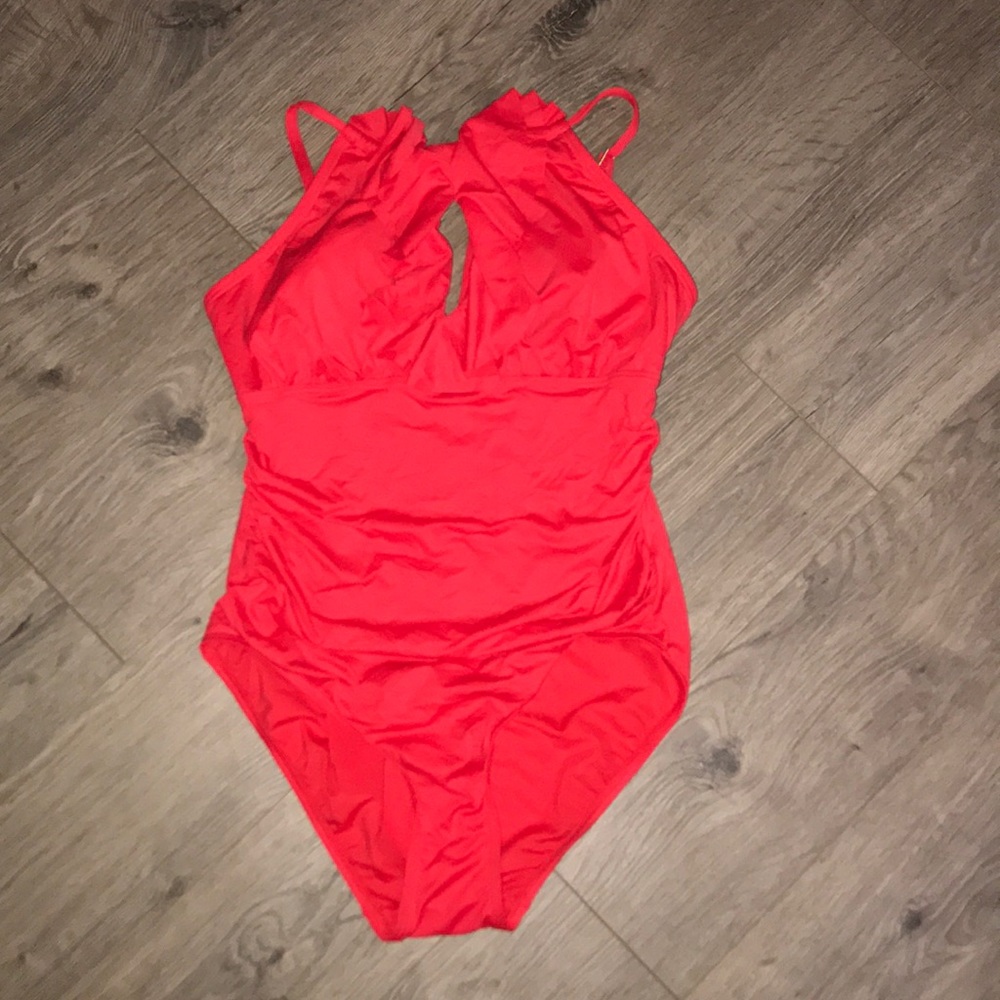 DKNY, Red ruffle one piece swimsuit